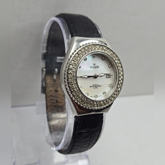 Womens Visage Silver Tone MOP Pave Crystal Quartz Date 30MM Watch New Battery - Picture 3 of 12